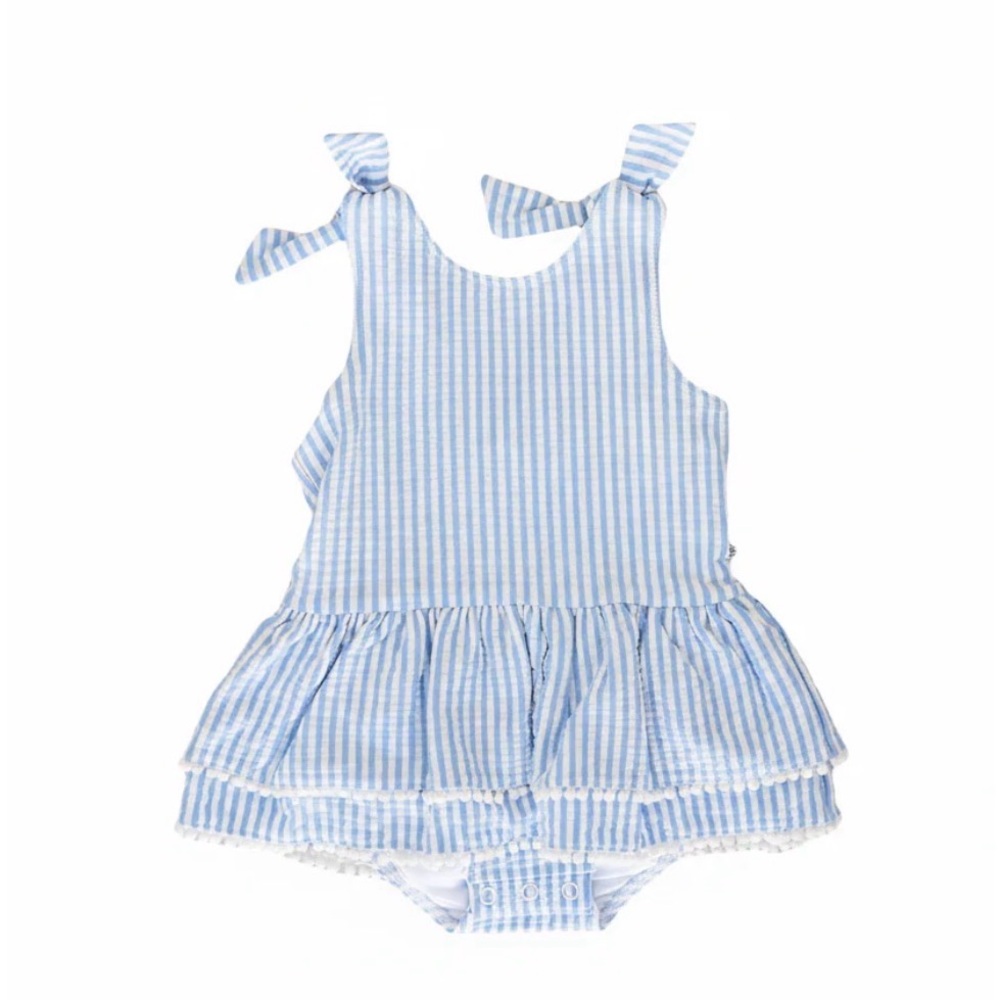 Caden Lane Blue and White Seersucker Striped Tiered Baby Swimsuit Sz 6-12